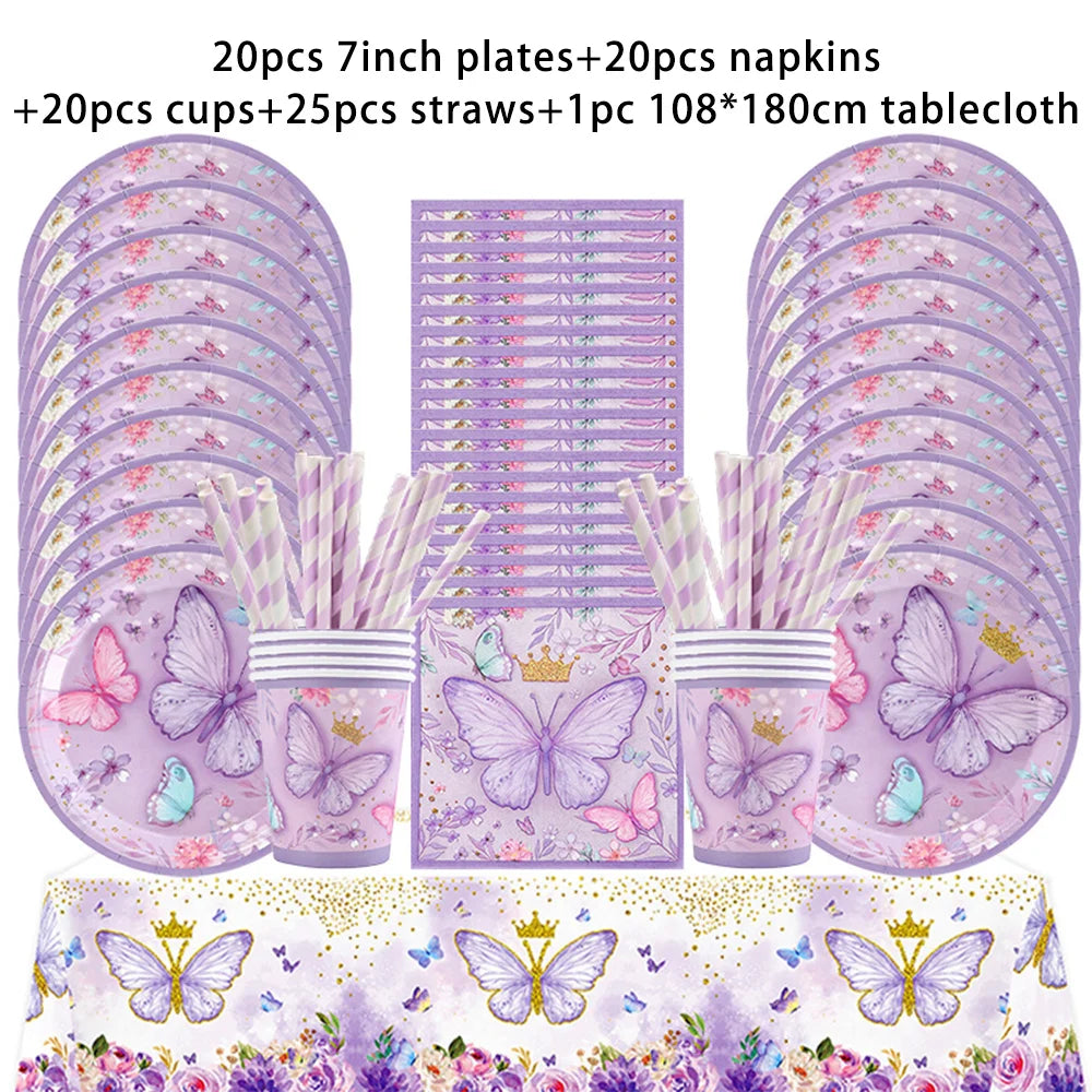 vaisselle jetable fête anniversaire papillons violets roses fleurs couronnes paillettes dorées assiettes tasses serviettes