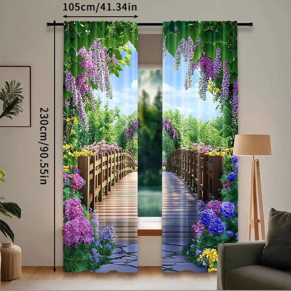 rideau impression numérique vert violet blanc paysage pont fleurs feuilles 75x166cm 105x230cm 130x210cm