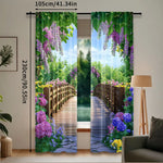 rideau impression numérique vert violet blanc paysage pont fleurs feuilles 75x166cm 105x230cm 130x210cm