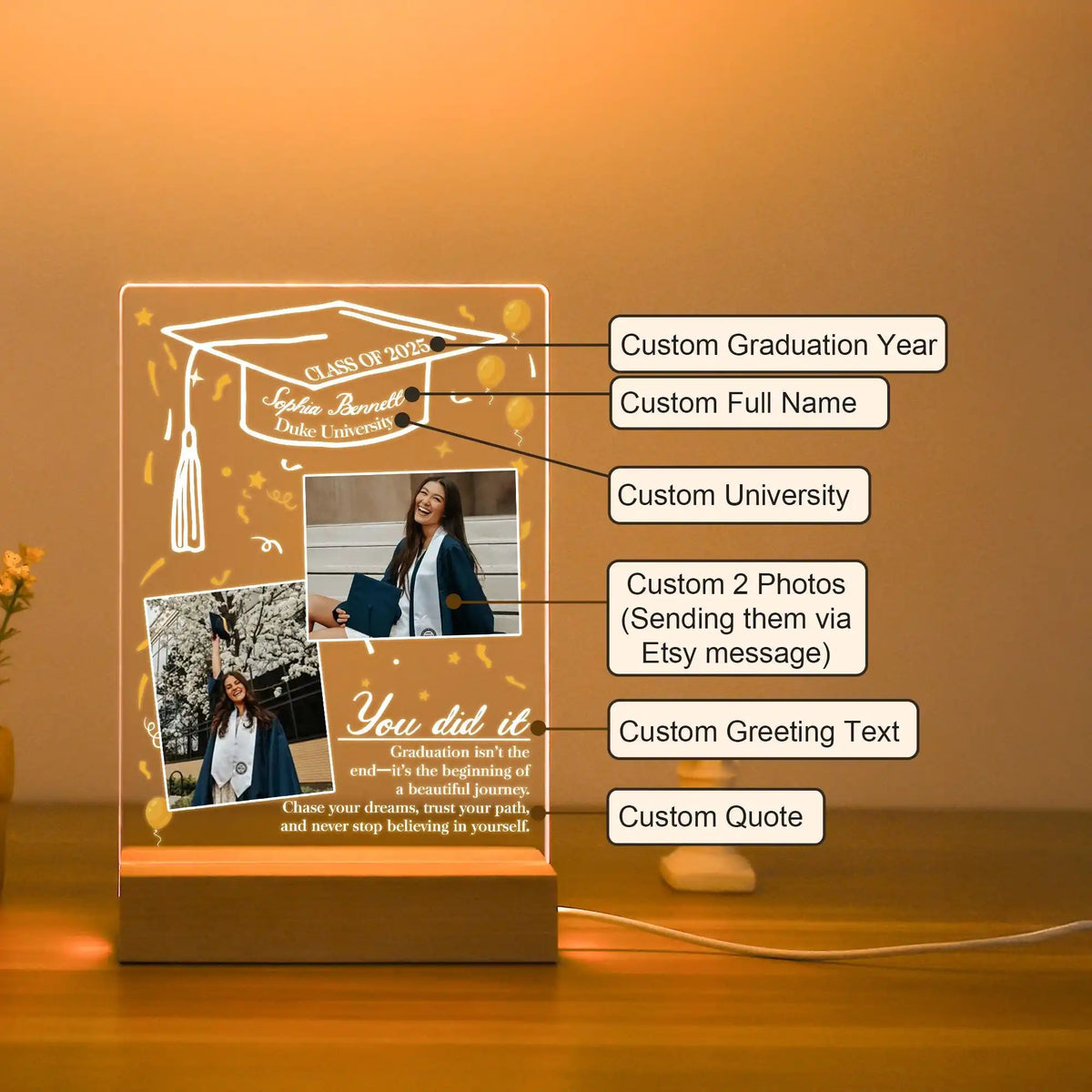cadre lumineux personnalisable transparent moderne photo nom université citation année