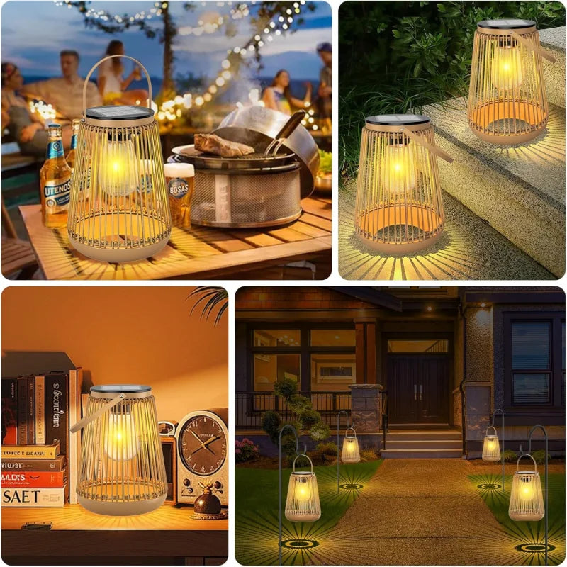 lampe suspendue solaire bambou tressé artisanale extérieure jardin impermeable antirouille anneaux métalliques