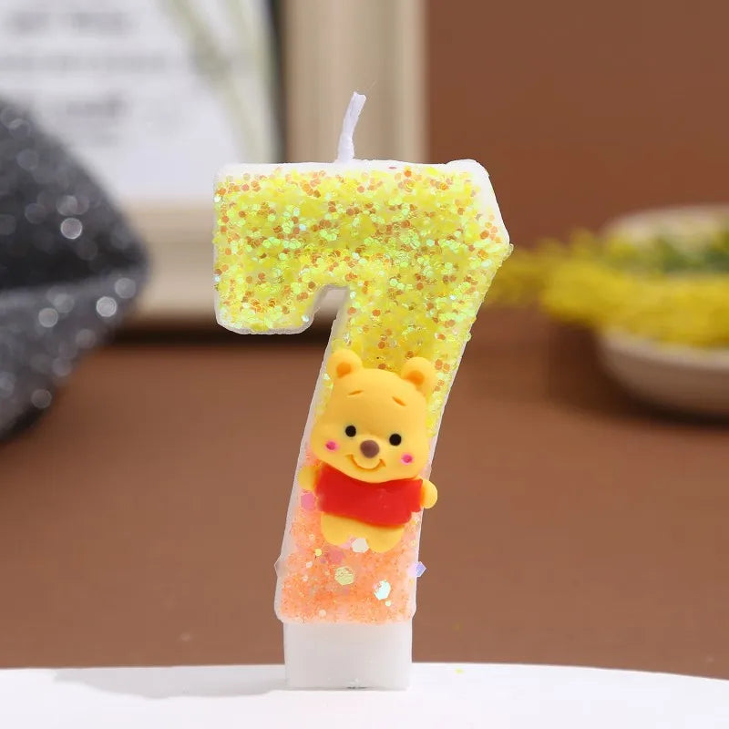 bougies anniversaire chiffre winnie ourson sequins dorés jaune orange blanc