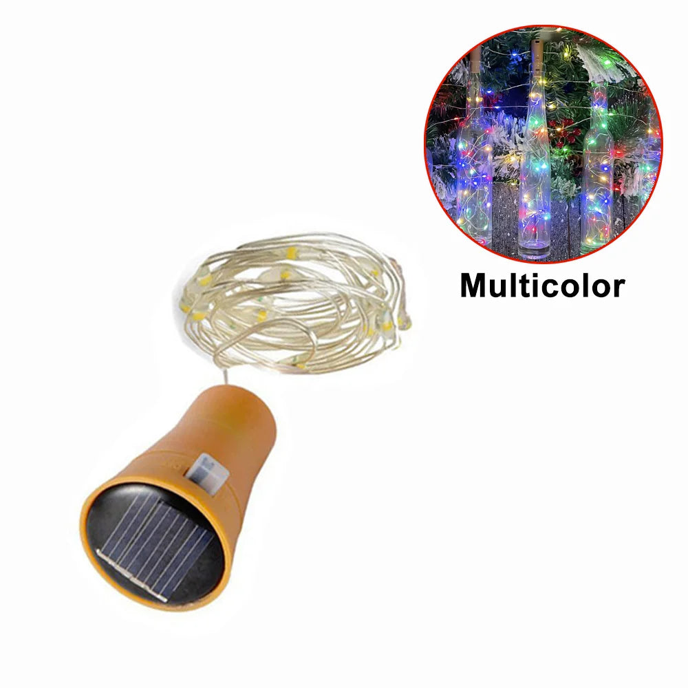 guirlande lumineuse solaire 20 led blanc doré moderne adhésif 2m câble 10 capuchons bouteille