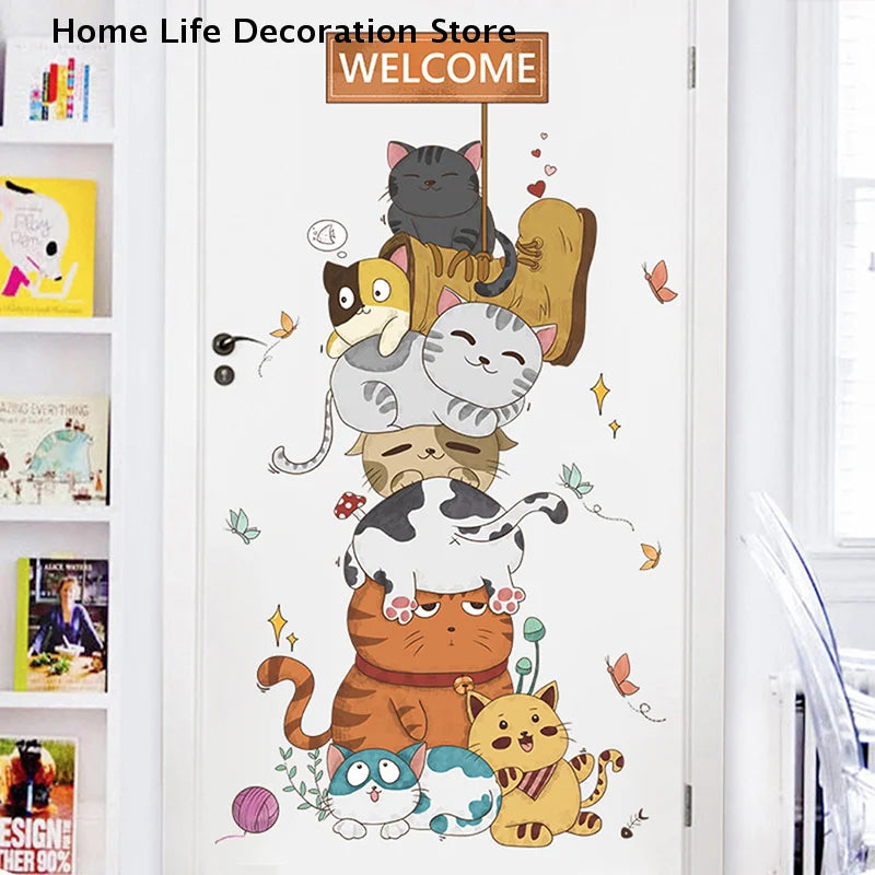 sticker mural multicolore dessin animé chats bienvenue fleurs papillons adhésif chambre enfant deco cartoon