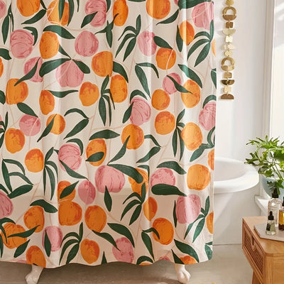 Rideau de douche coloré avec un motif de super-aliments naturels intégrant des oranges et d'autres fruits, idéalement utilisé pour ajouter une touche de fraîcheur et de vitalité à votre salle de bain. Le rideau, représentant le thème de l'alimentation saine et naturelle, est fabriqué à partir d'un matériau durable et facile à nettoyer.