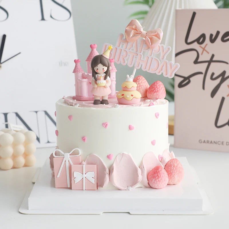 décoration gâteau anniversaire fille château coeurs figurines festives blanc rose