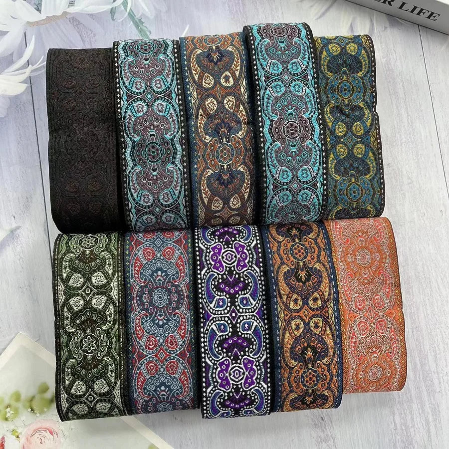 ruban polyester largeur 5cm motifs fleurs broderies couleurs noir bleu vert orange élégant rideaux
