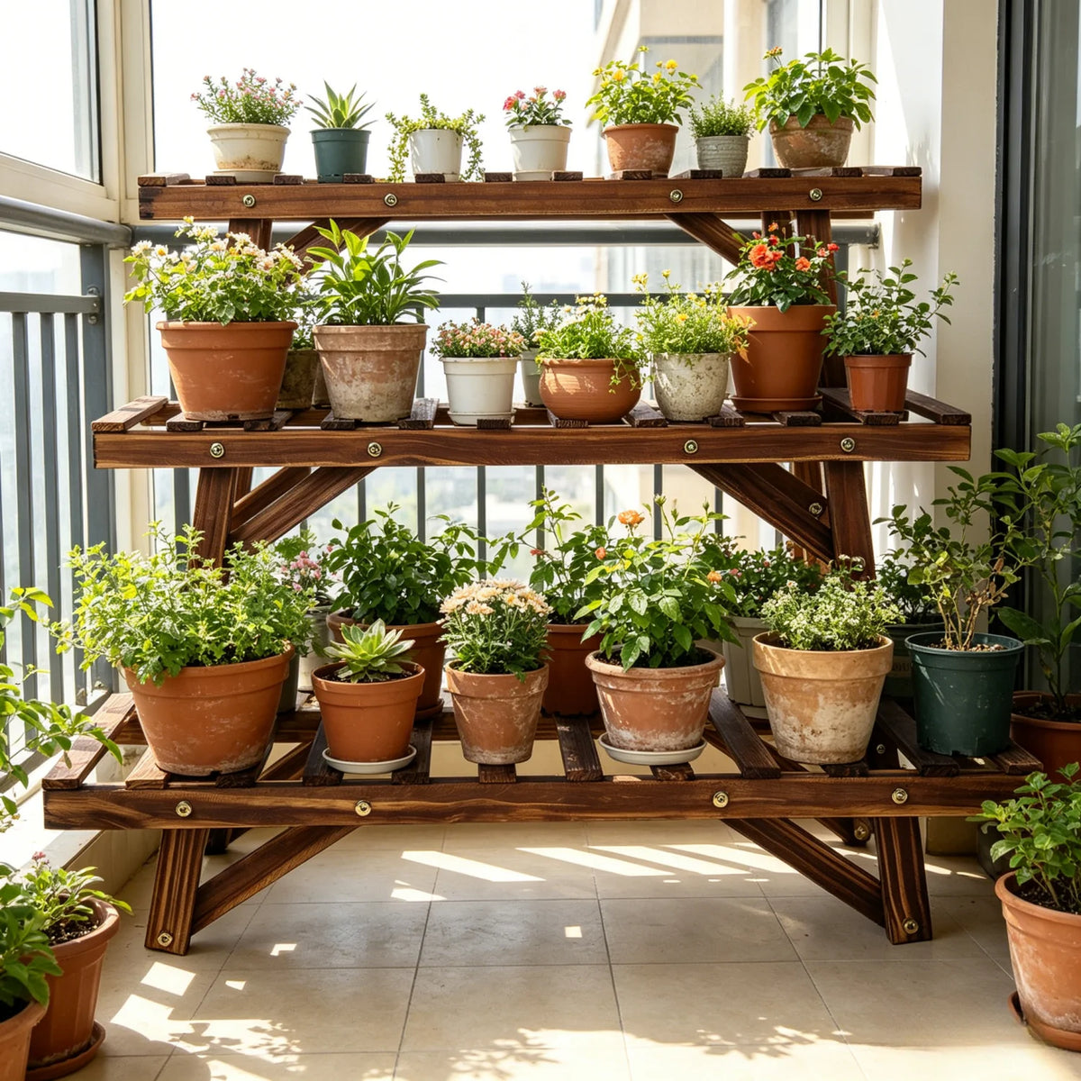 présentoir pliant bois moderne niveaux vis fixations plantes salon balcon 70cm 25cm