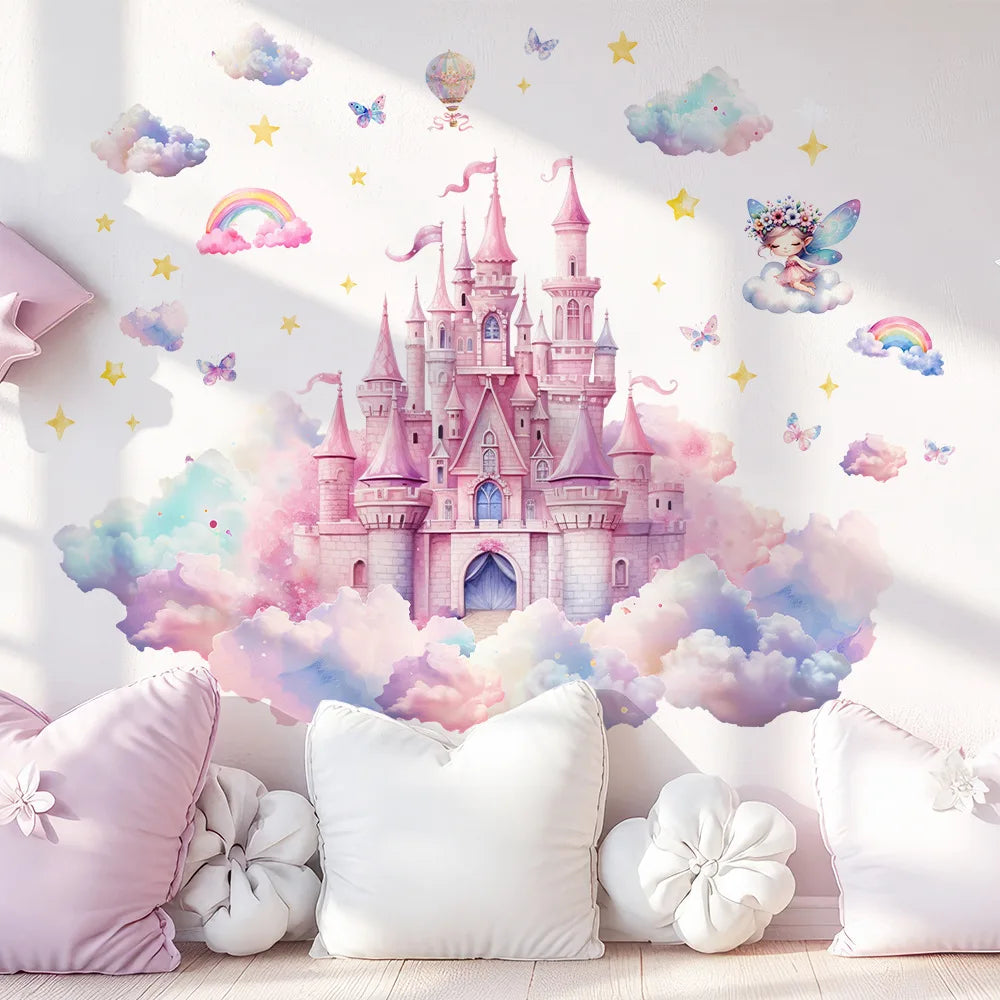 autocollants muraux château nuages arc ciel étoiles papillons dessin animé chambre fille salle jeux
