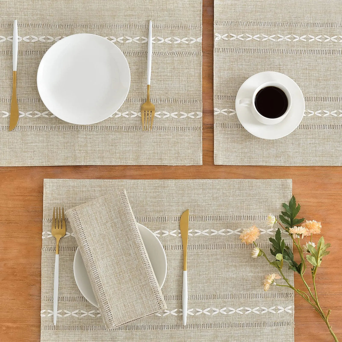 serviettes table moderne rustique beige clair rayures blanches motifs géométriques respectueux environnement setSize30x50cm setSizeCoffee