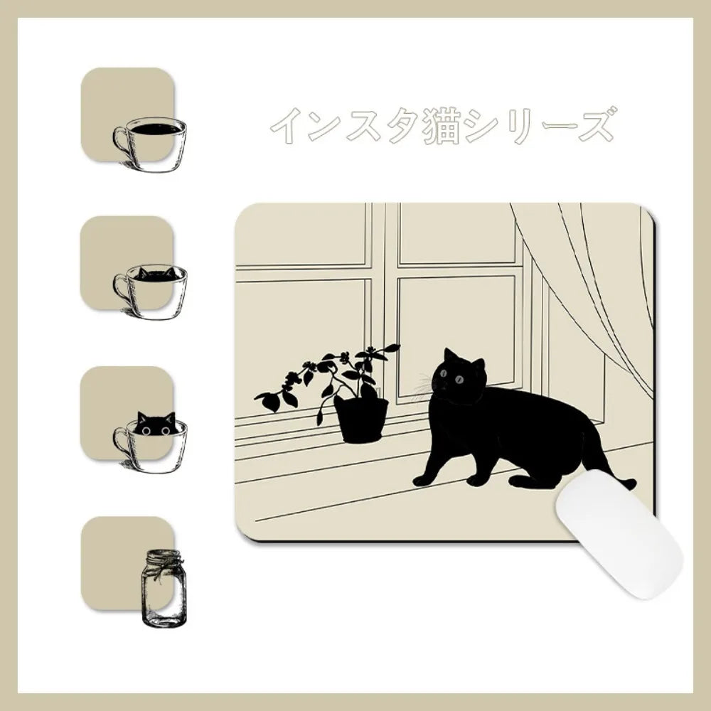 tapis souris chat noir dessin animé tapis imperméable adhésif dessin simple opacité beige clair