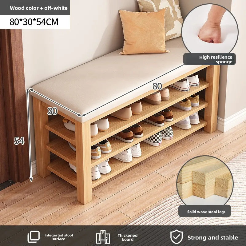 tabouret rangement chaussures bois naturel moderne minimaliste coussin rembourré étagère entrée multifonction adultes seniors