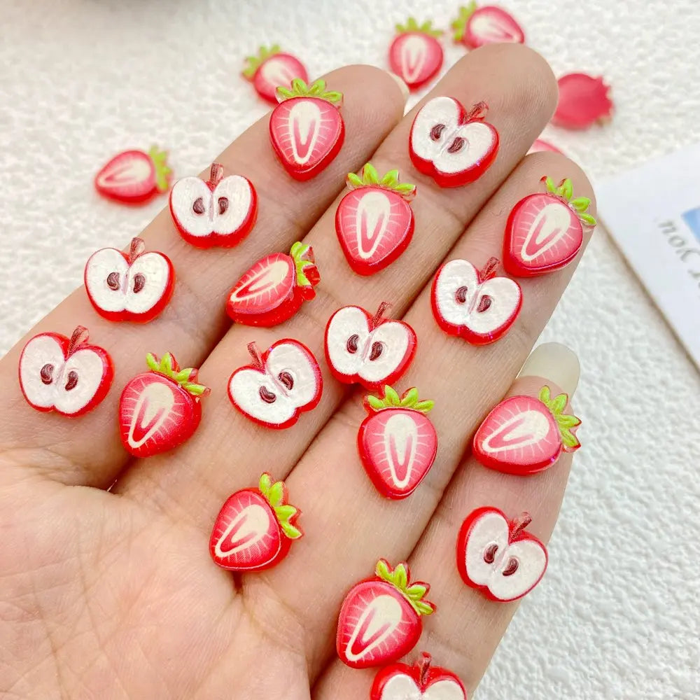 résine mignonne pommes fraises deco nail art accessoires manucure fruits realistes texturés rouge blanc