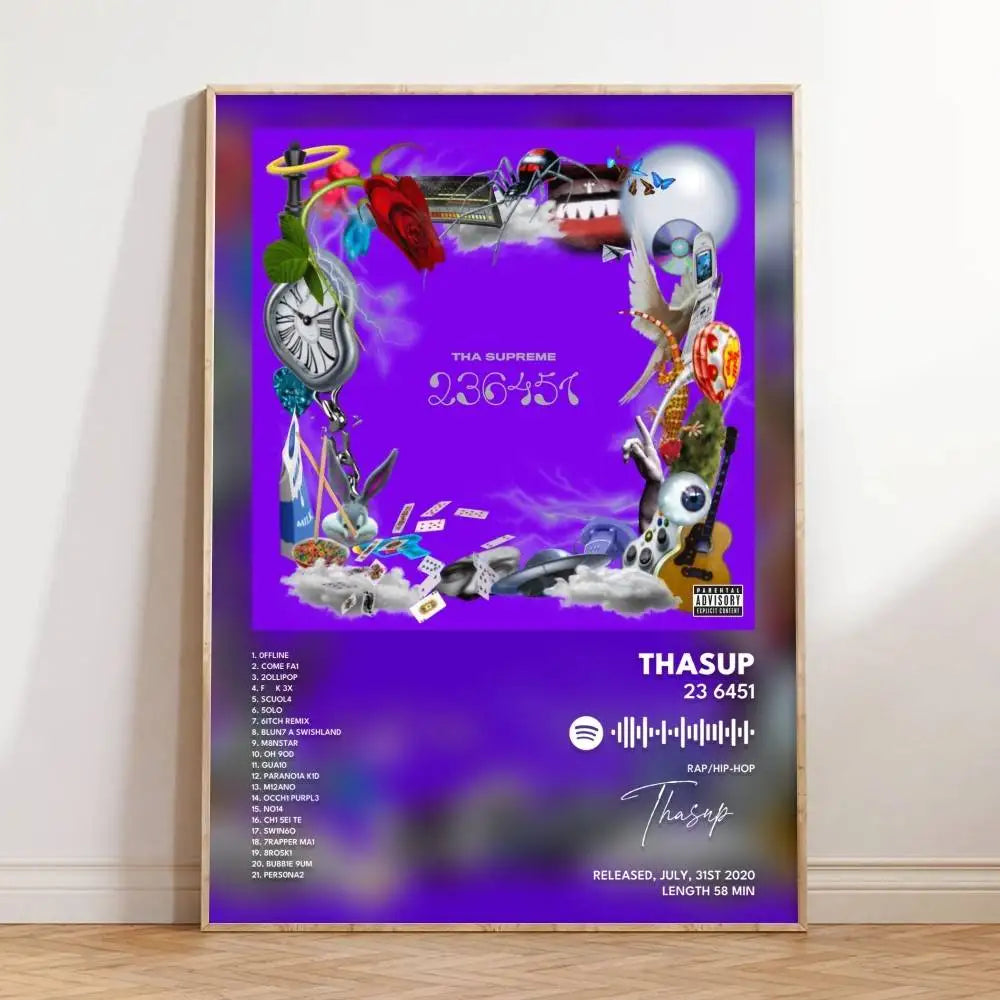 affiche pop art violet objets divers horloge guitare casque moderne