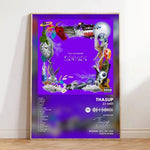 affiche pop art violet objets divers horloge guitare casque moderne