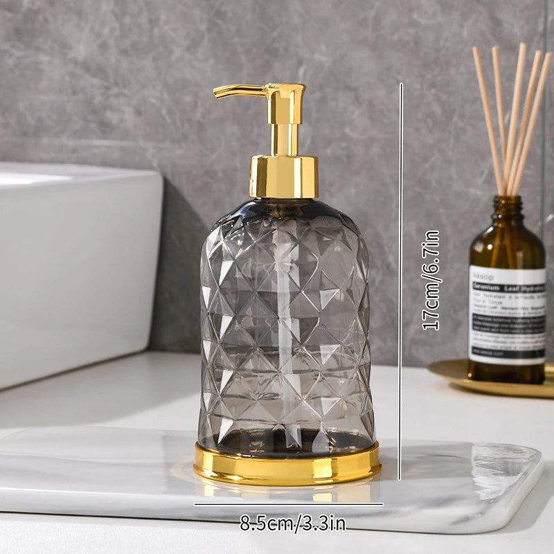 distributeur savon liquide transparent texturé moderne élégant noir bleu rose jaune pompe base dorée