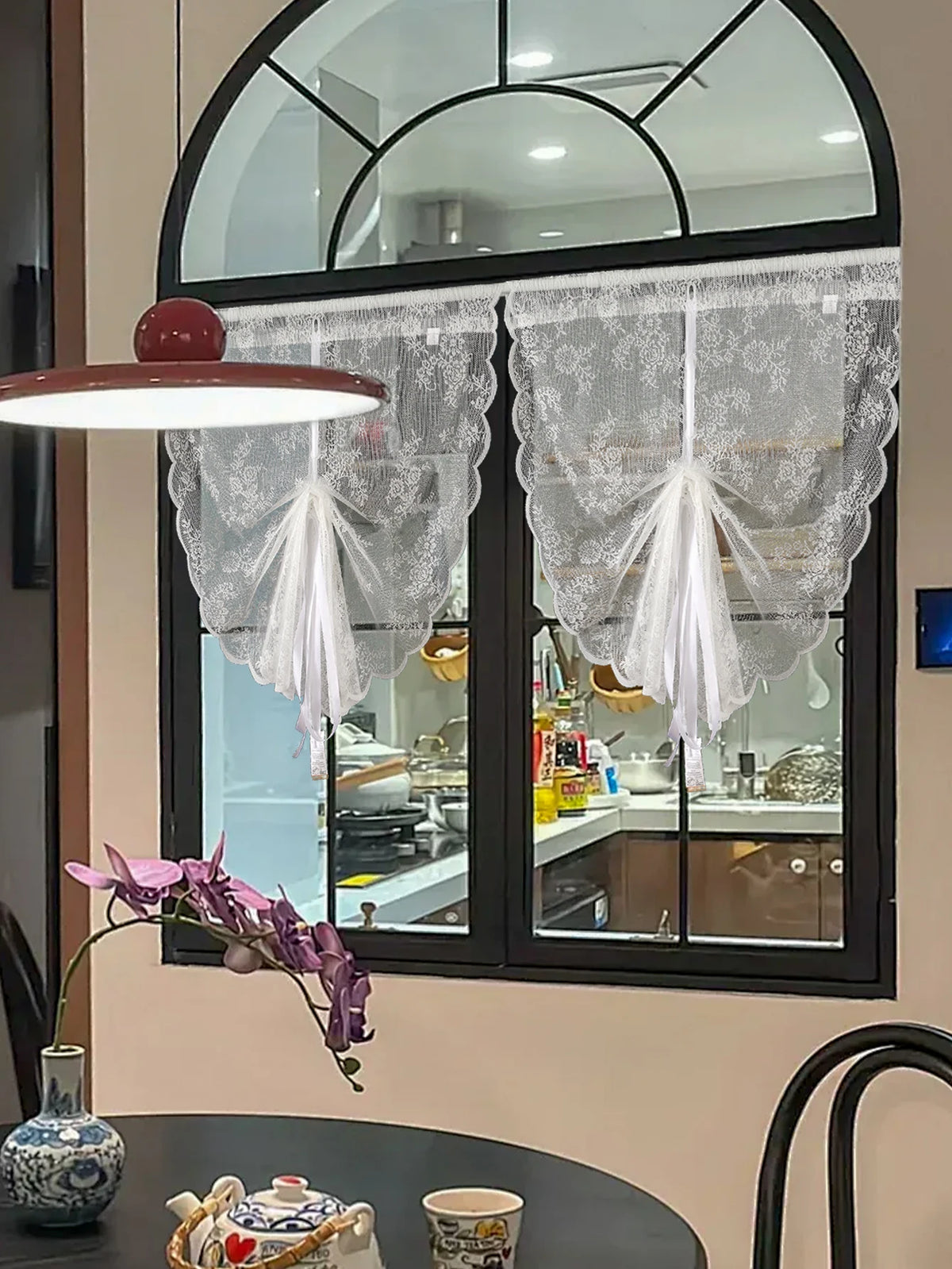 rideau blanc fleur dentelle transparent classique romantique ruban noeud maison