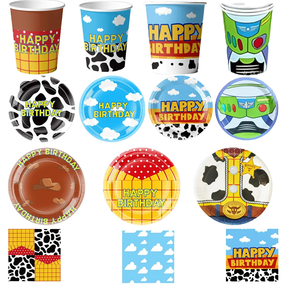 ensemble vaisselle jetable anniversaire thème cowboy vache assiettes gobelets serviettes sacs papier colorés
