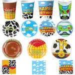 ensemble vaisselle jetable anniversaire thème cowboy vache assiettes gobelets serviettes sacs papier colorés