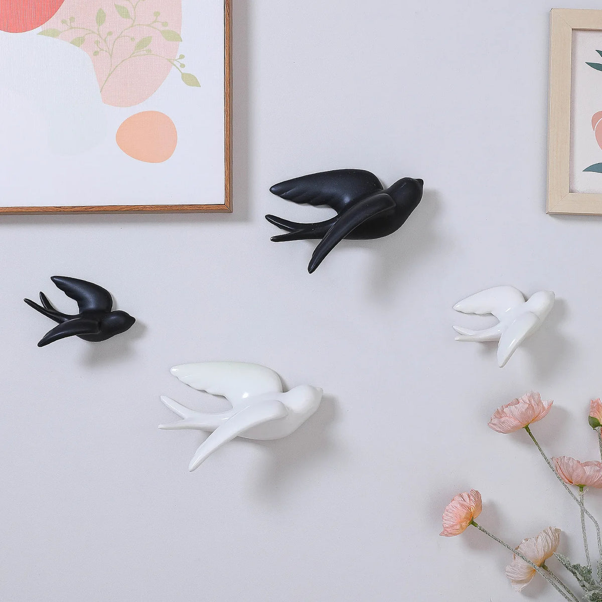 décorations murales oiseaux céramique blanc noir modernes minimalistes opaques eyelets suspension