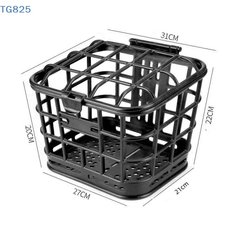 panier avant vélo électrique noir structure grille couvercle poignée fixations utilitaire rangement sac plastique