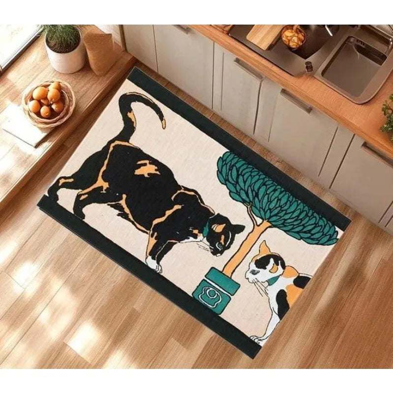 tapis moderne motif chats floral noir blanc orange dimension 30x50cm 40x60cm