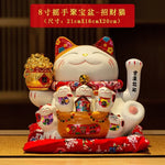statue chat porte bonheur fleurs chinoises blanc rouge or artisanal décoration