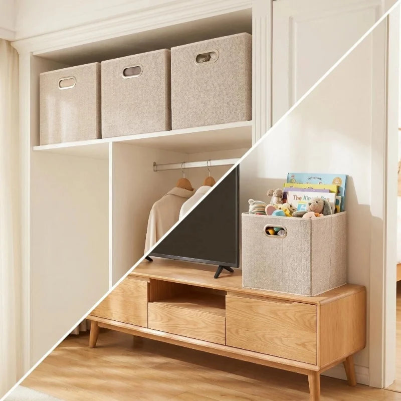 boîtes rangement pliables tissu lin beige poignées métalliques moderne organisation chambre enfants jouets