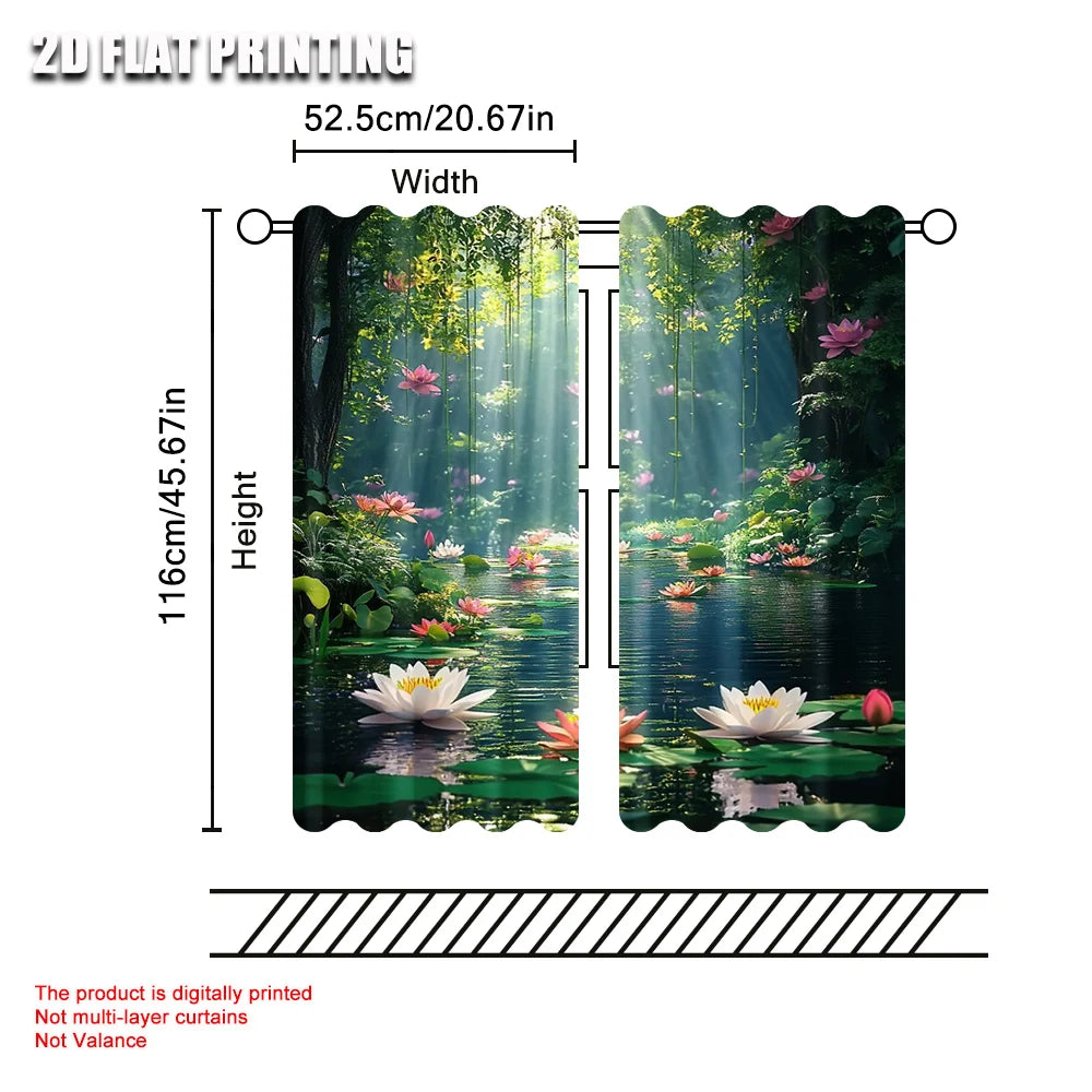 rideau polyester paysage forêt fleurs lotus moderne opacité vert blanc rose