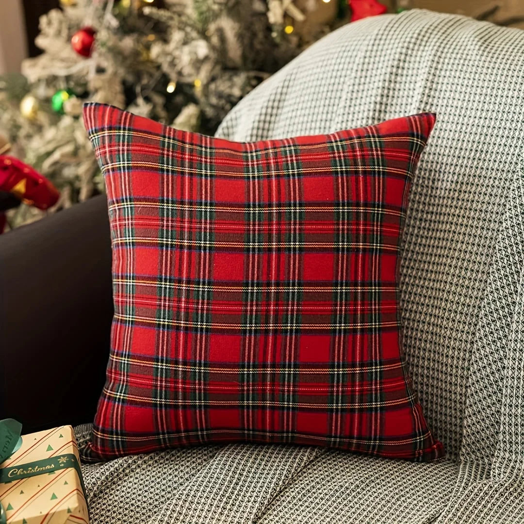 housse coussin carré imprimé écossais rouge vert traditionnelle polyester décoration intérieure noël chambre voiture