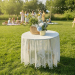 nappe table blanche fleurs brodées bohème anti poussière clips opaques rond vintage