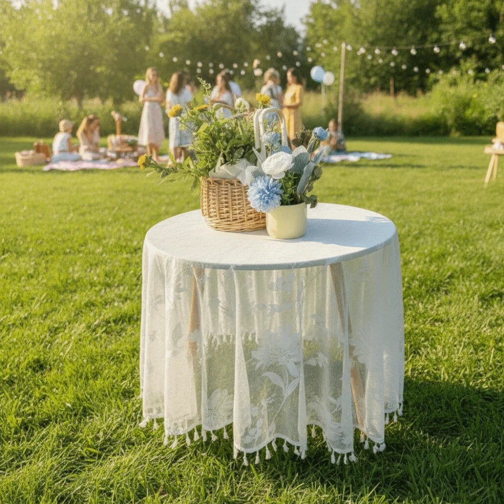 nappe table blanche fleurs brodées bohème anti poussière clips opaques rond vintage
