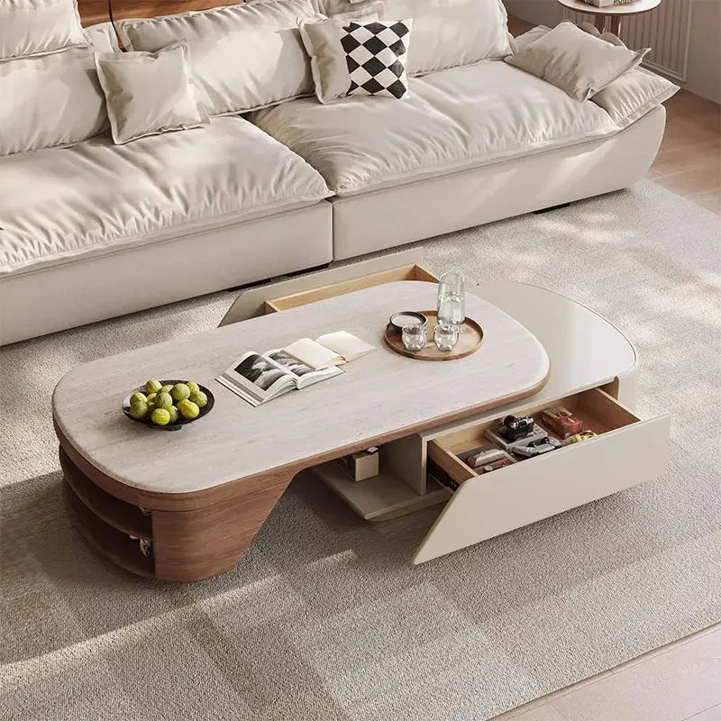 table basse moderne chêne plateau pierre roulettes dimensions 130x80cm