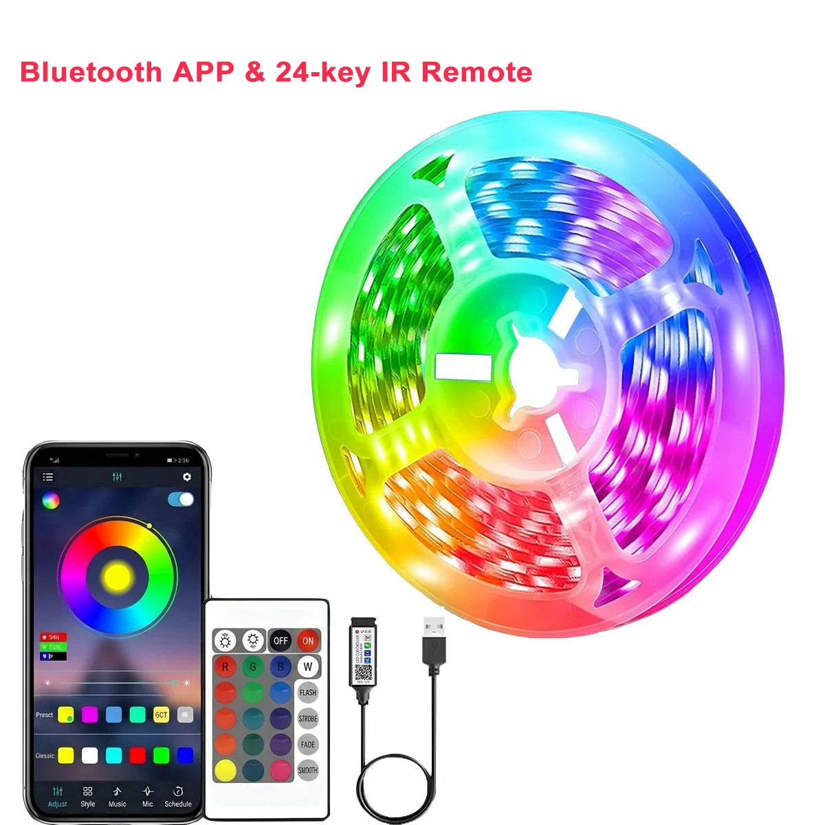 ruban led multicolore adhésif télécommande application bluetooth réglage couleurs moderne chambre salon