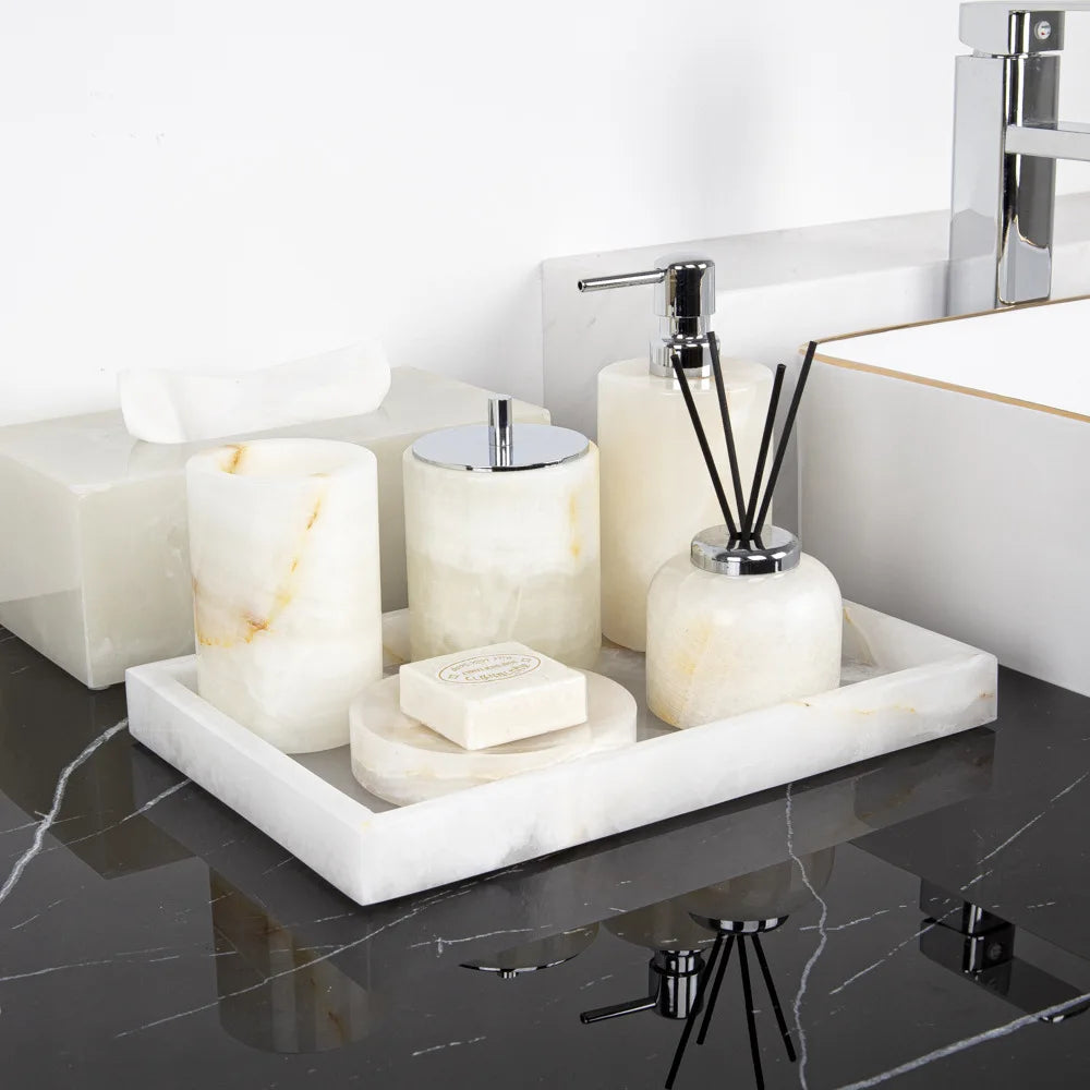 ensemble salle bain marbre onyx blanc distributeur savon porte brosse dents plateau luxe