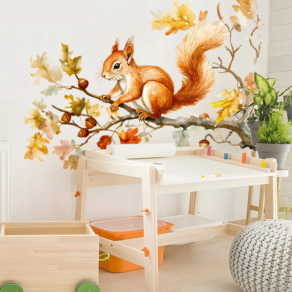 sticker mural illustration écureuil branche feuilles glands orange blanc vert marron réaliste autoadhésif chambre