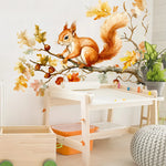 sticker mural illustration écureuil branche feuilles glands orange blanc vert marron réaliste autoadhésif chambre