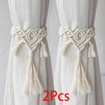 rideau boho blanc rayures verticales macramé bois pompons coton
