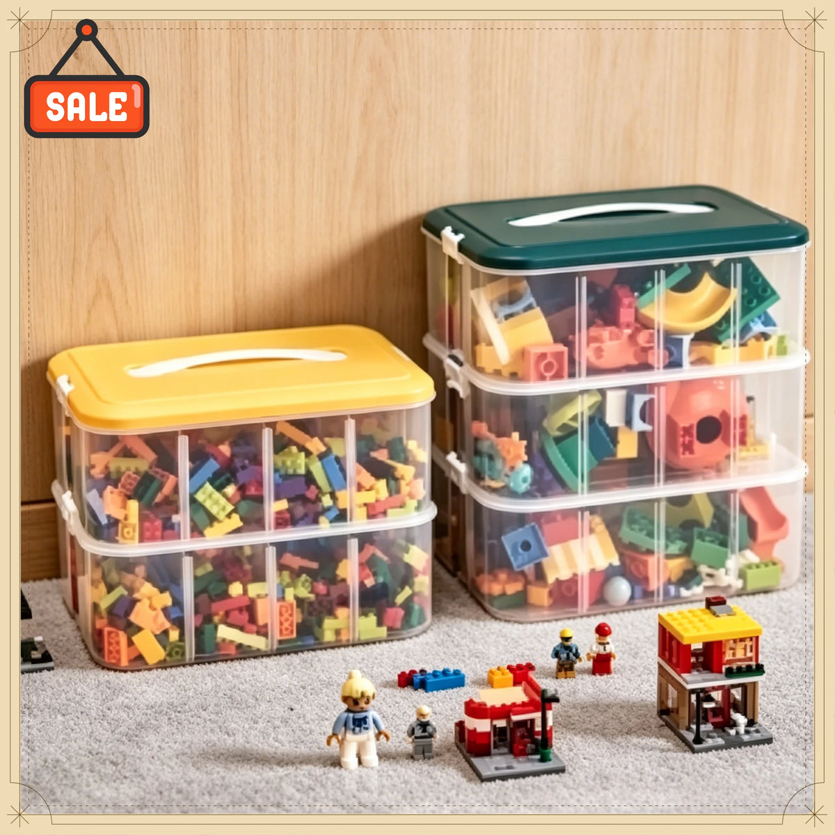 boîtes rangement jouets transparentes plastique respectueux environnement moderne poignées blanches capacité charge lourde