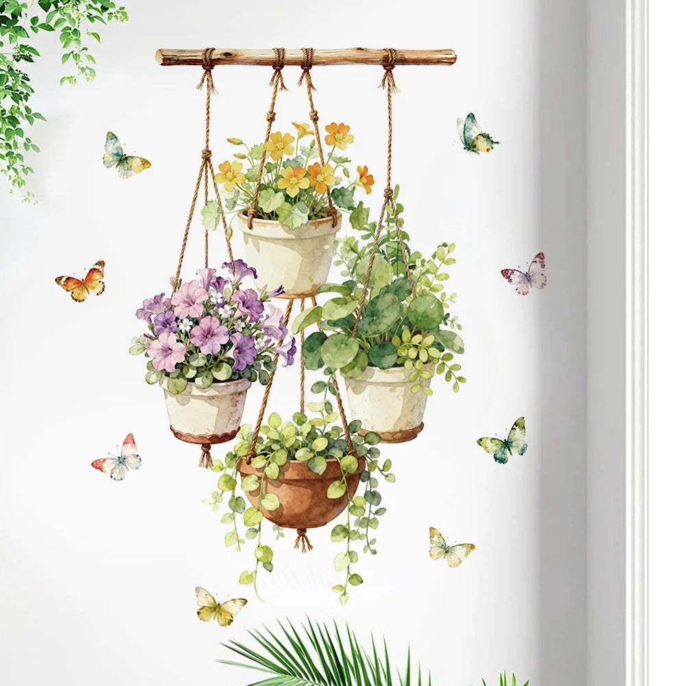 décoration murale aquarelle pots fleurs feuillage papillons imitation bois chambre enfant nature morte