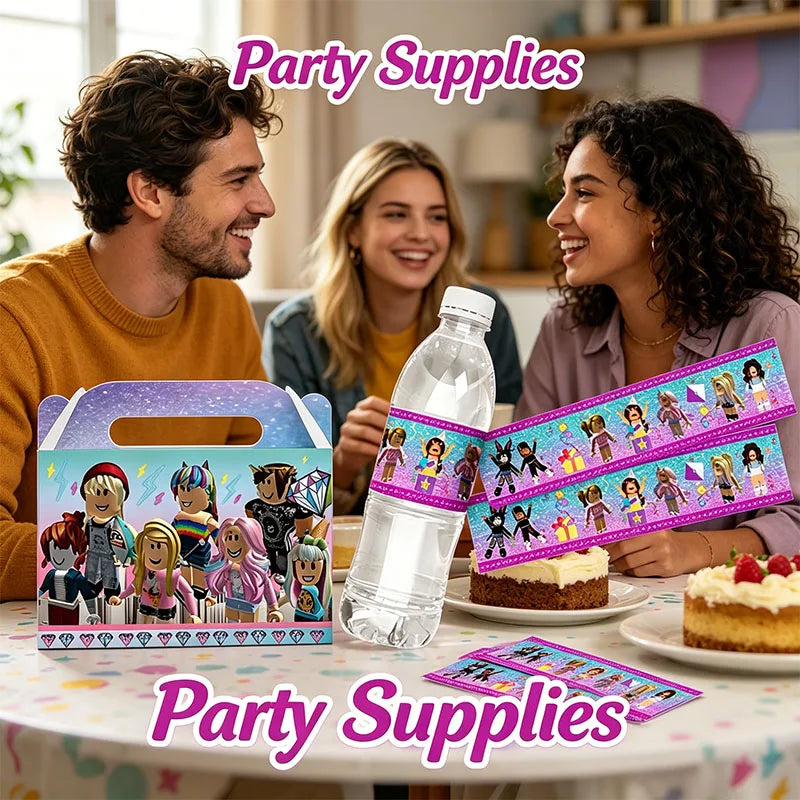boîtes sucreries personnages dessins animés étiquettes eau affiche fête serviettes table multicolore anniversaire
