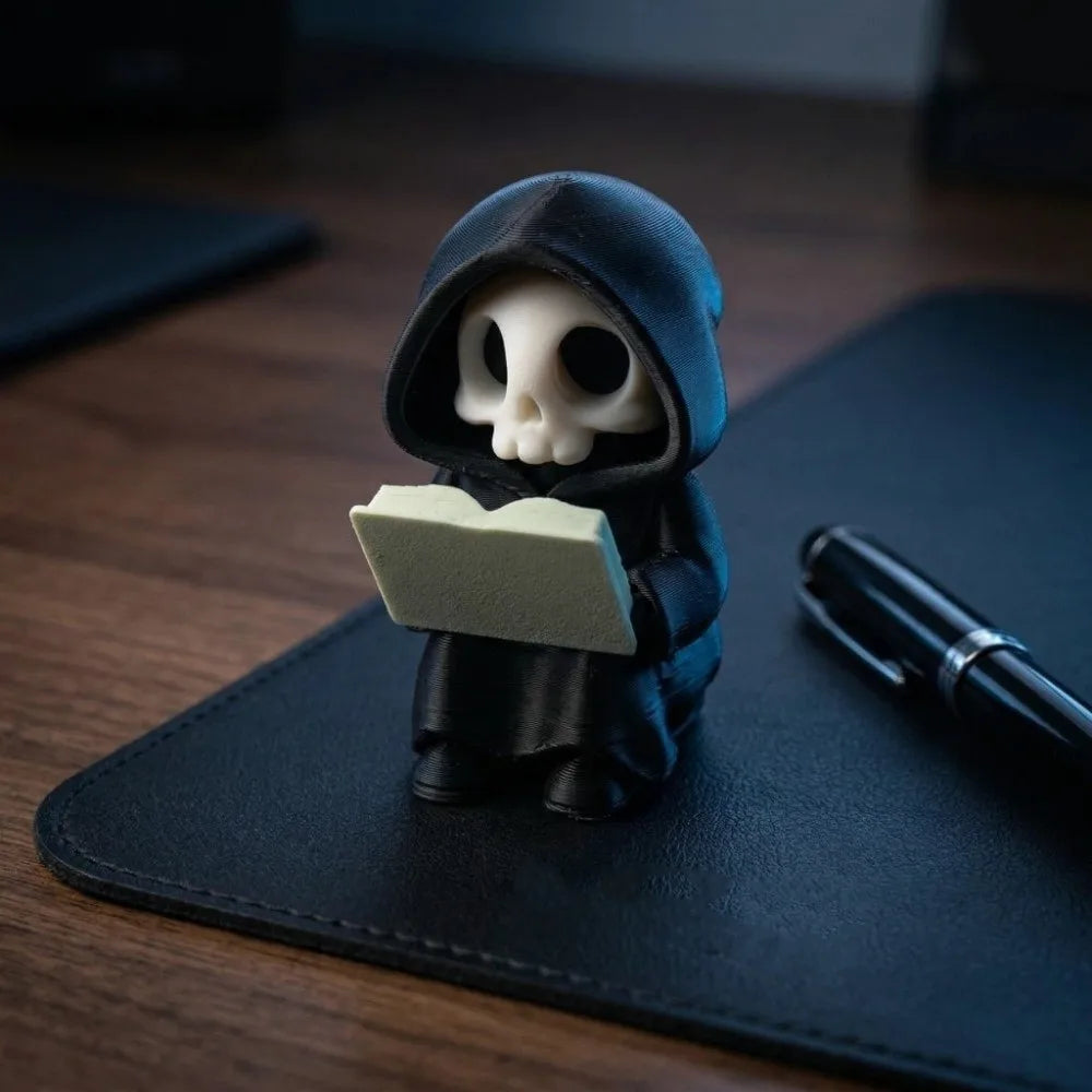 figurine gothique squelette lecture statuette fantôme noire minimaliste texture matestone livre blanc