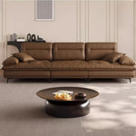 canapé moderne marron clair simili cuir pieds noirs coussins marrons table basse 190cm assemblage