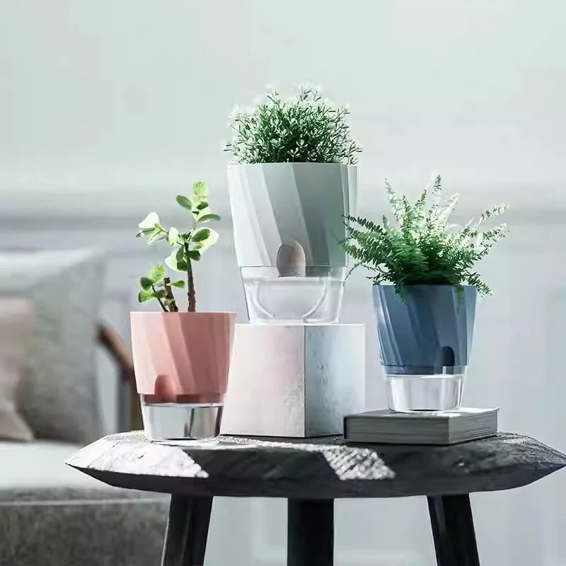 pots plantes transparents moderne minimaliste blanc rose gris rayures diagonales matériau plastique absorption d'eau