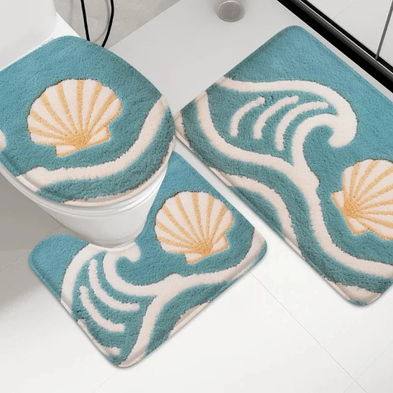 tapis bain moderne motif coquillage bleu clair tapis sol adhésif salle bain absorbant durable