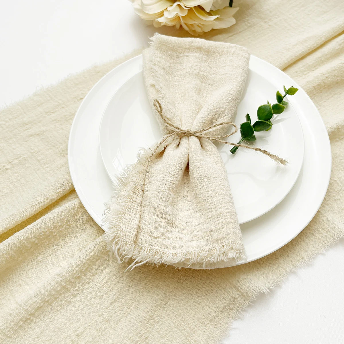 serviettes table coton rose pâle rustique franges ruban fleurs séchées