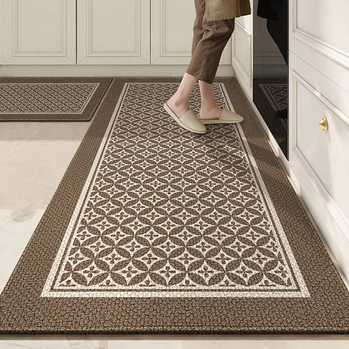 tapis imperméable anti dérapant cuisine maison beige marron motif géométrique polyester feutre lavable classique