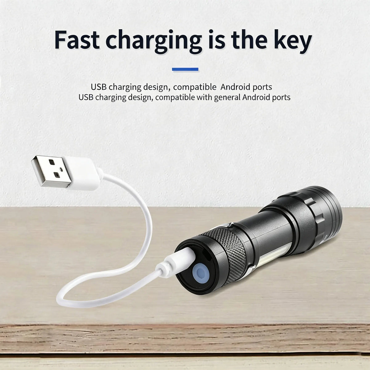 lampe torche rechargeable usb zoomable 10w led camping pêche urgence noire compacte métallique