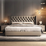lit gris tufté moderne pieds ronds chambre coucher bois artificial leather minimaliste