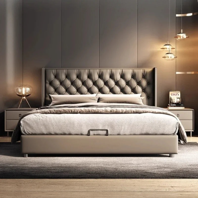 lit gris tufté moderne pieds ronds chambre coucher bois artificial leather minimaliste